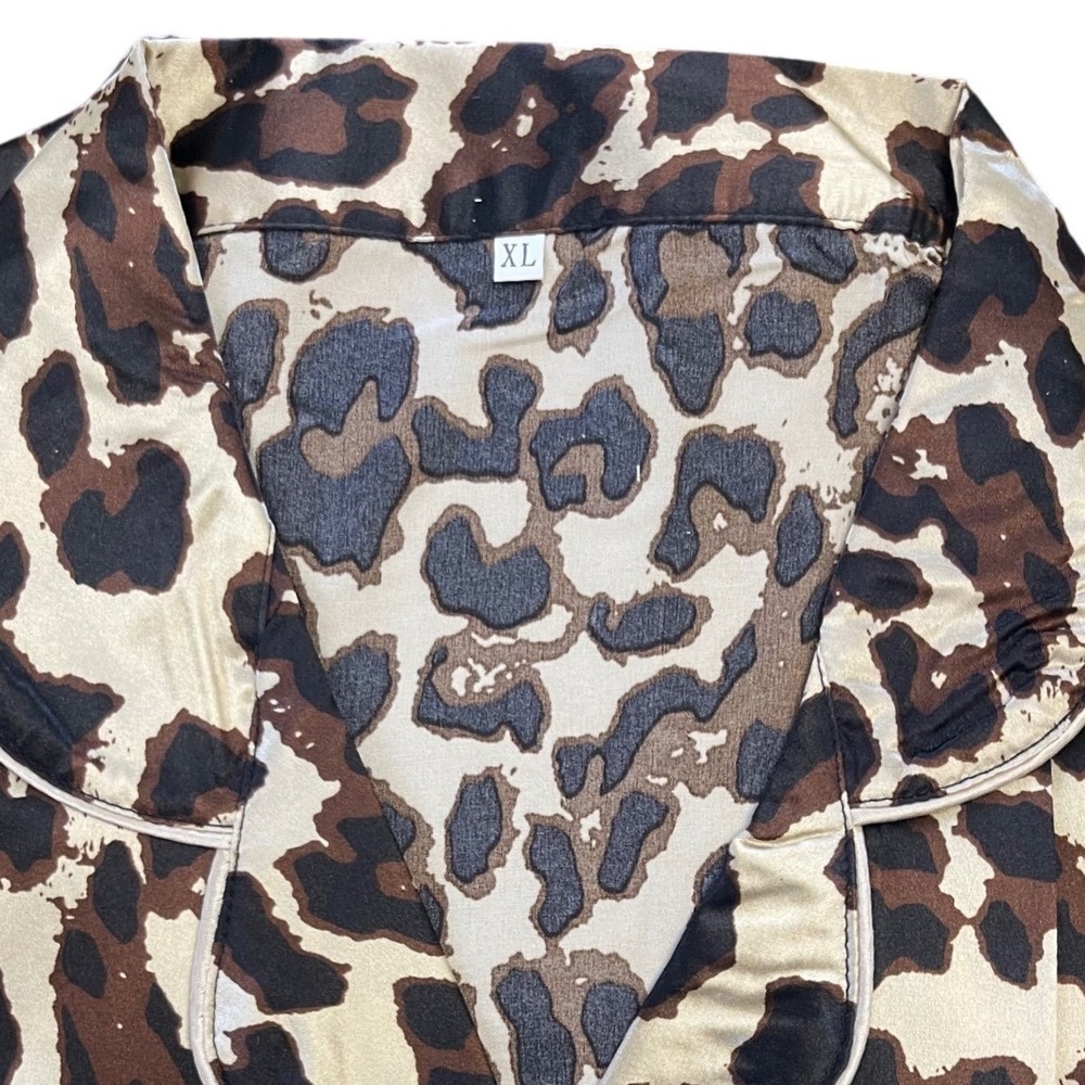 Leopard Satin 3-Piece Pajama Set XL Short Sleeve Top Shorts Pants Gold Brown